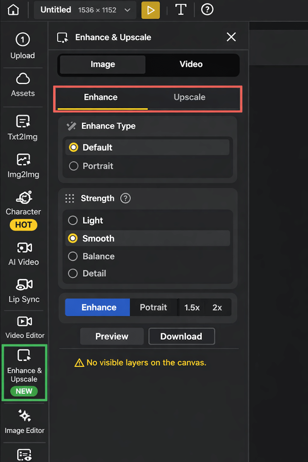 image enhancer workflow in Dzine showing enhance and upscale steps